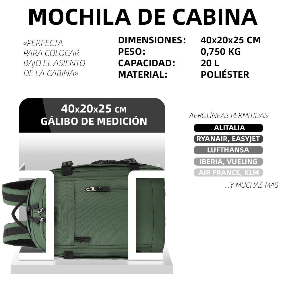 Mochila de cabina verde, dimensiones 40x20x25 cm, peso 0,75 kg, capacidad 20L, apta para varias aerolíneas.