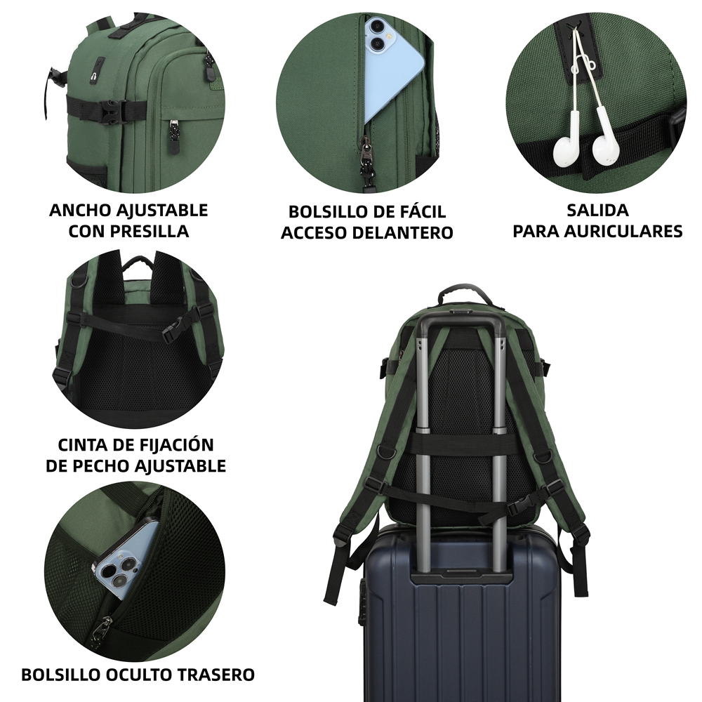 Mochila verde con correa para equipaje, cinta pectoral ajustable, salida para auriculares, bolsillos y bolsillo trasero.