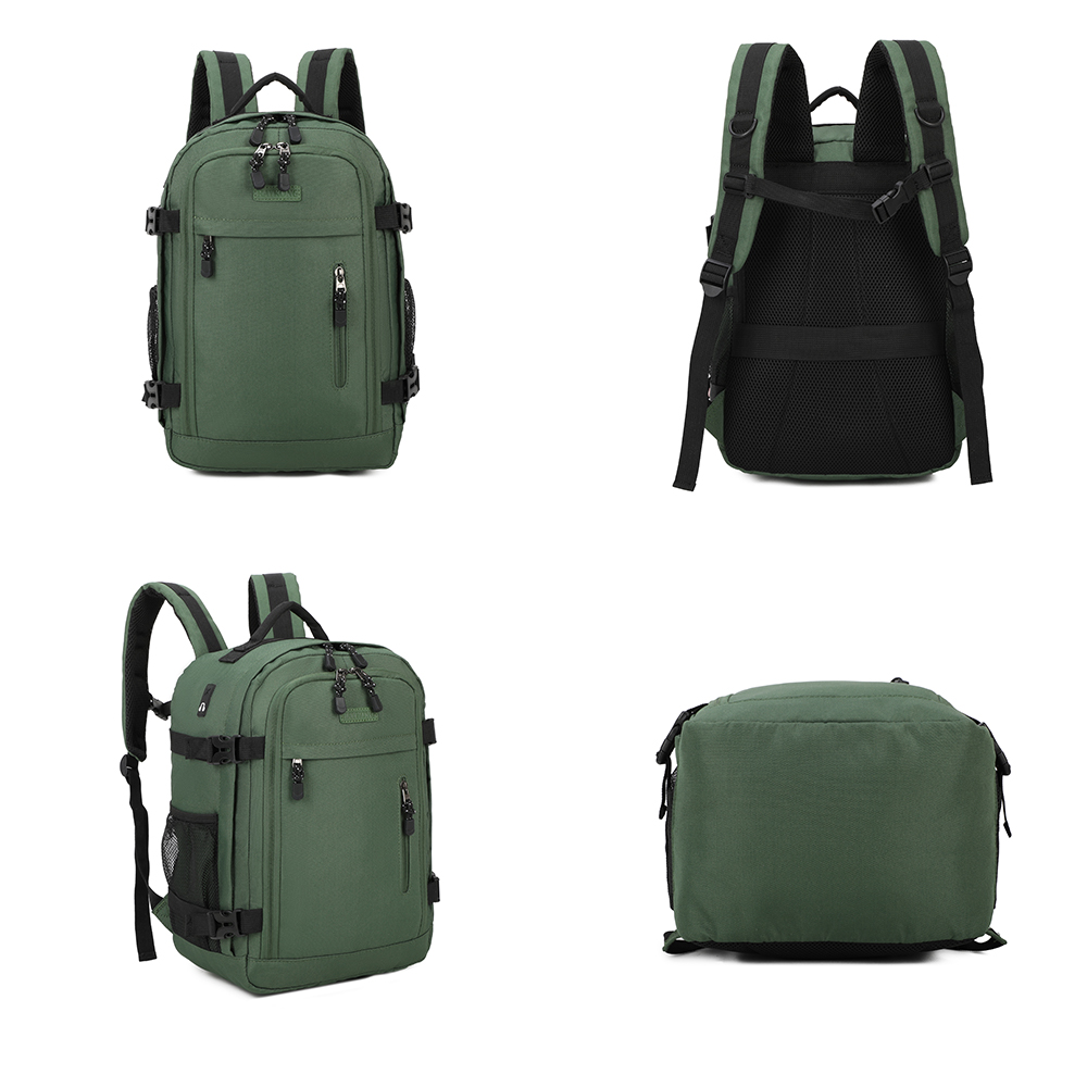 Cuatro vistas de una mochila verde con correas y cremalleras negras sobre fondo blanco.
