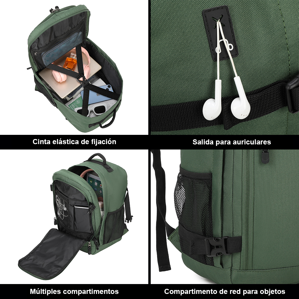 Cuatro paneles muestran funciones de la mochila verde: cinta elástica, salida para auriculares, compartimentos y red.