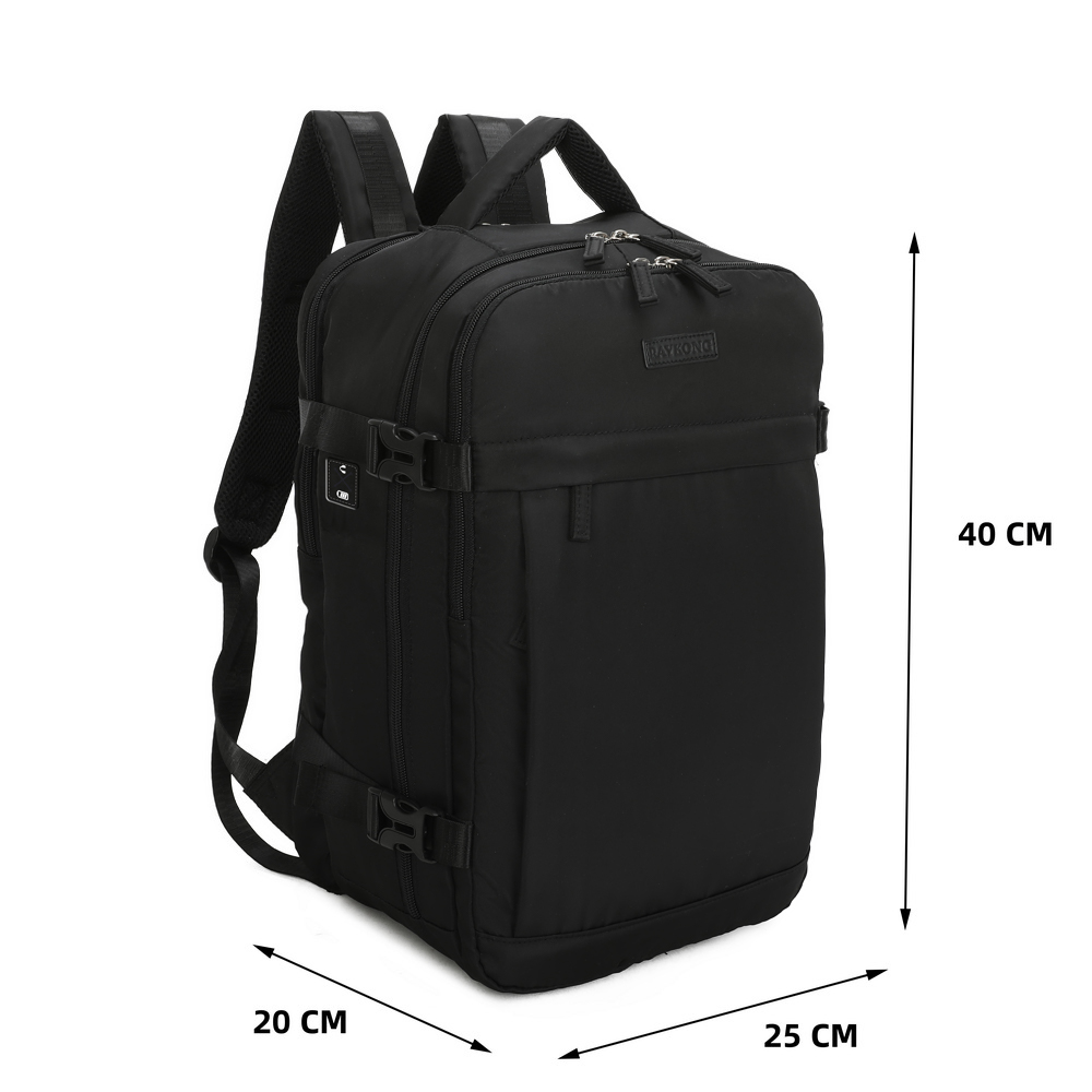 Una mochila negra sobre fondo blanco con dimensiones de 40x25x20 cm.