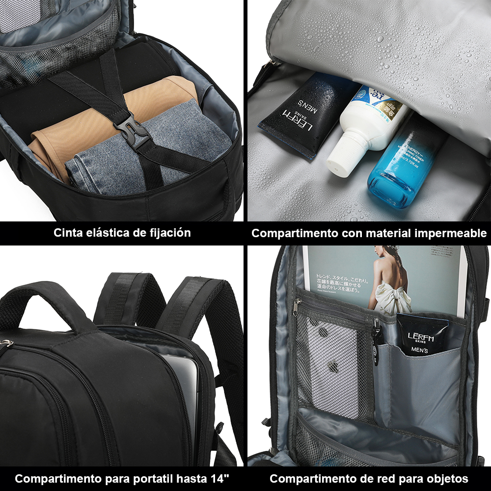 Cuatro imágenes muestran detalles de la mochila: cinta, compartimento impermeable, espacio para portátil y bolsillos.