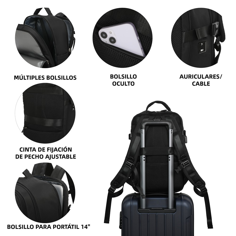 Mochila negra con múltiples bolsillos, bolsillo oculto, puerto para cables, correa y espacio para laptop de 14 pulgadas.