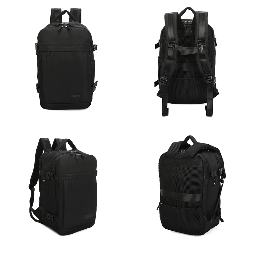 Cuatro vistas de una mochila negra con correas y cremalleras sobre fondo blanco.
