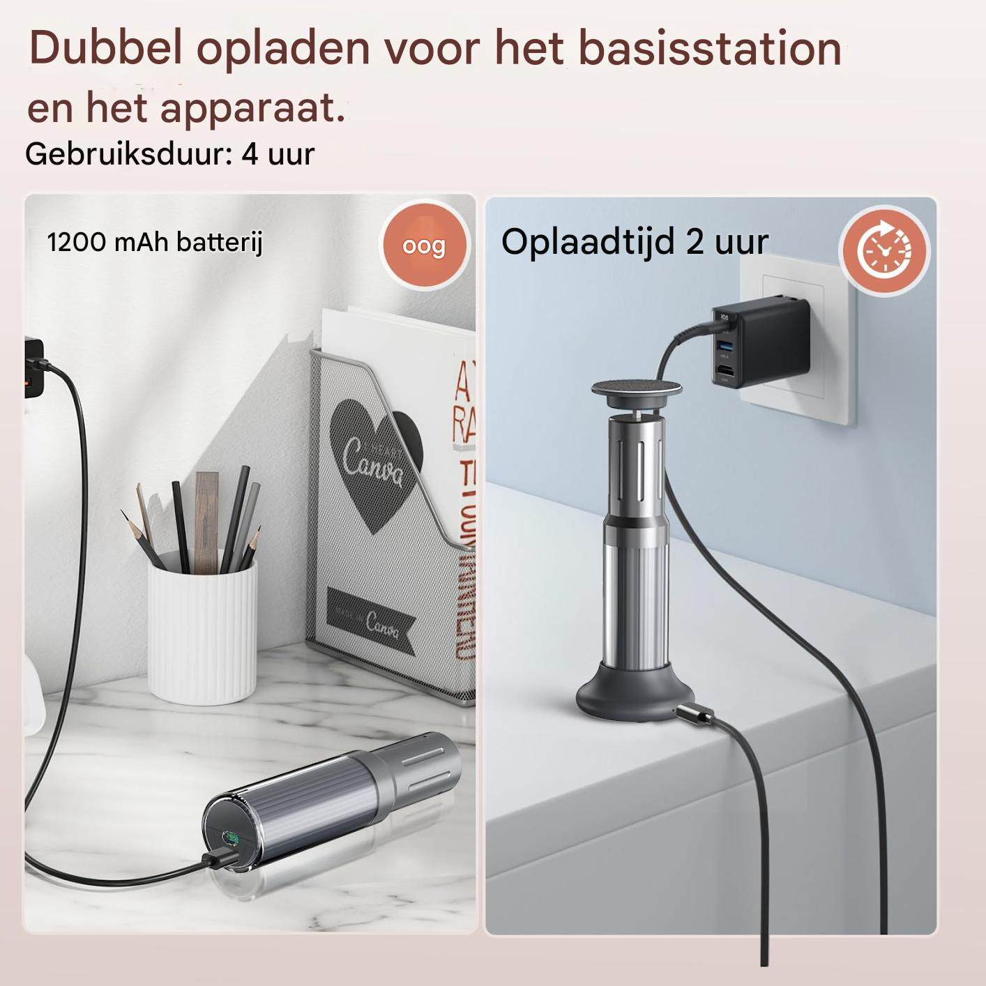 Infografik zeigt ein Ladegerät mit 1200 mAh Akku, 2 Stunden Ladezeit und 4 Stunden Nutzungsdauer.