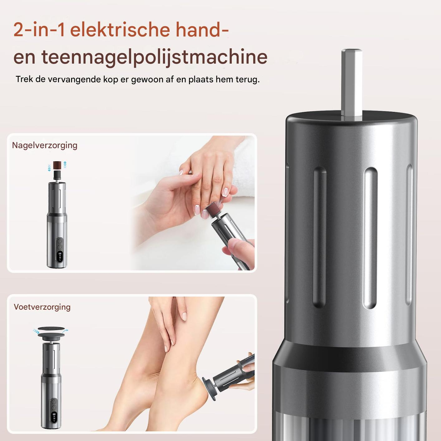 Ein 2-in-1 elektrischer Nagelpolierer mit Hand- und Fußpflegeaufsätzen.