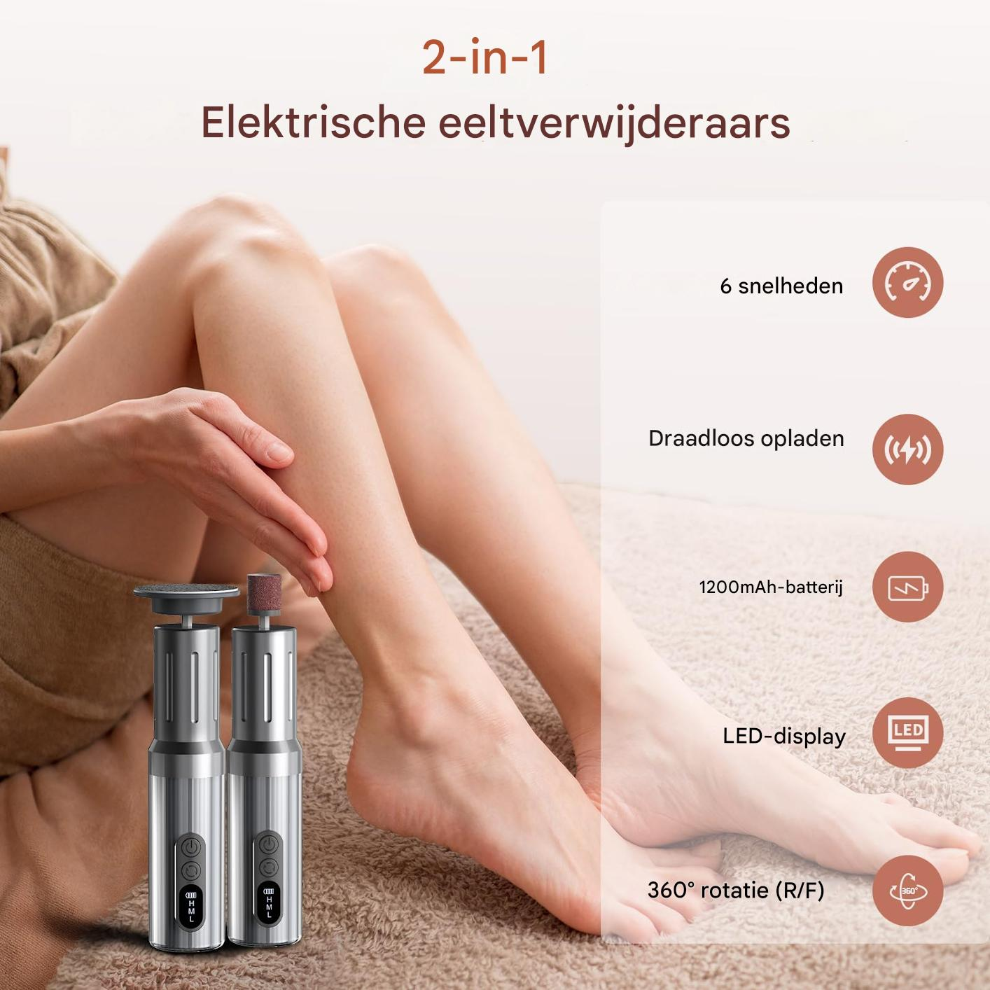 Werbebild für einen elektrischen Hornhautentferner, zeigt glatte Beine und Geräteeigenschaften.