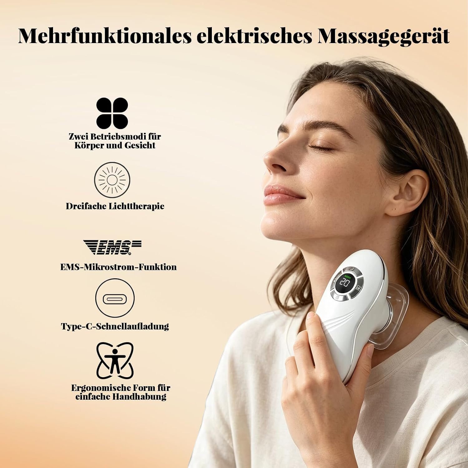 Frau nutzt ein weißes elektrisches Massagegerät am Hals; links sind Produktmerkmale aufgelistet.
