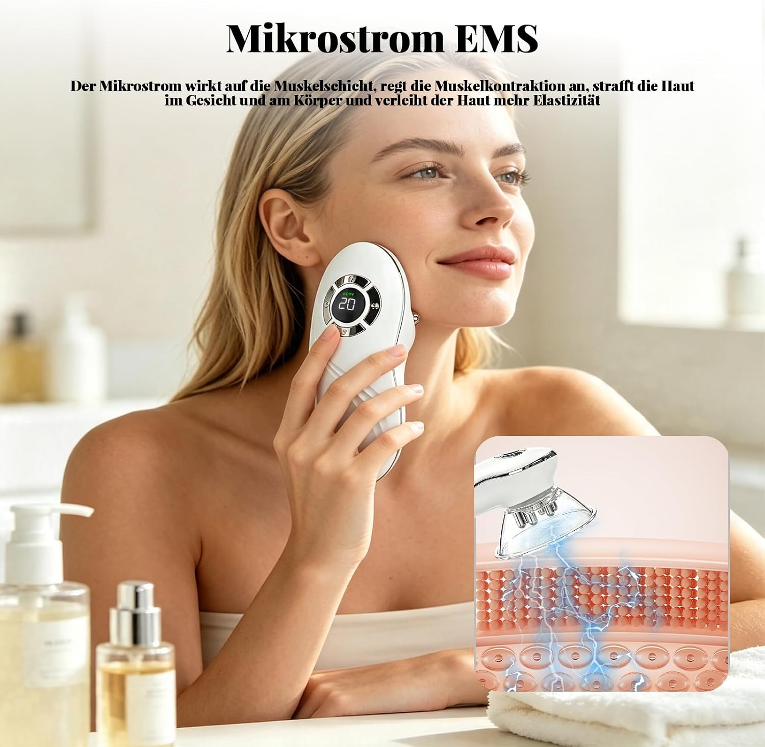 Frau nutzt ein weißes Mikrostrom-EMS-Gerät im Gesicht, mit Grafik zur Muskelwirkung unten rechts.