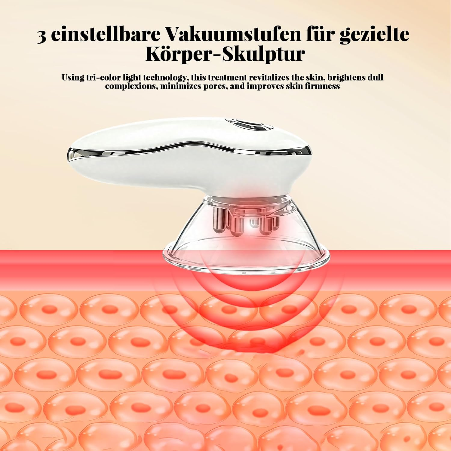 Ein Vakuum-Massagegerät mit rotem Licht über einer Hautschicht mit Zellen.