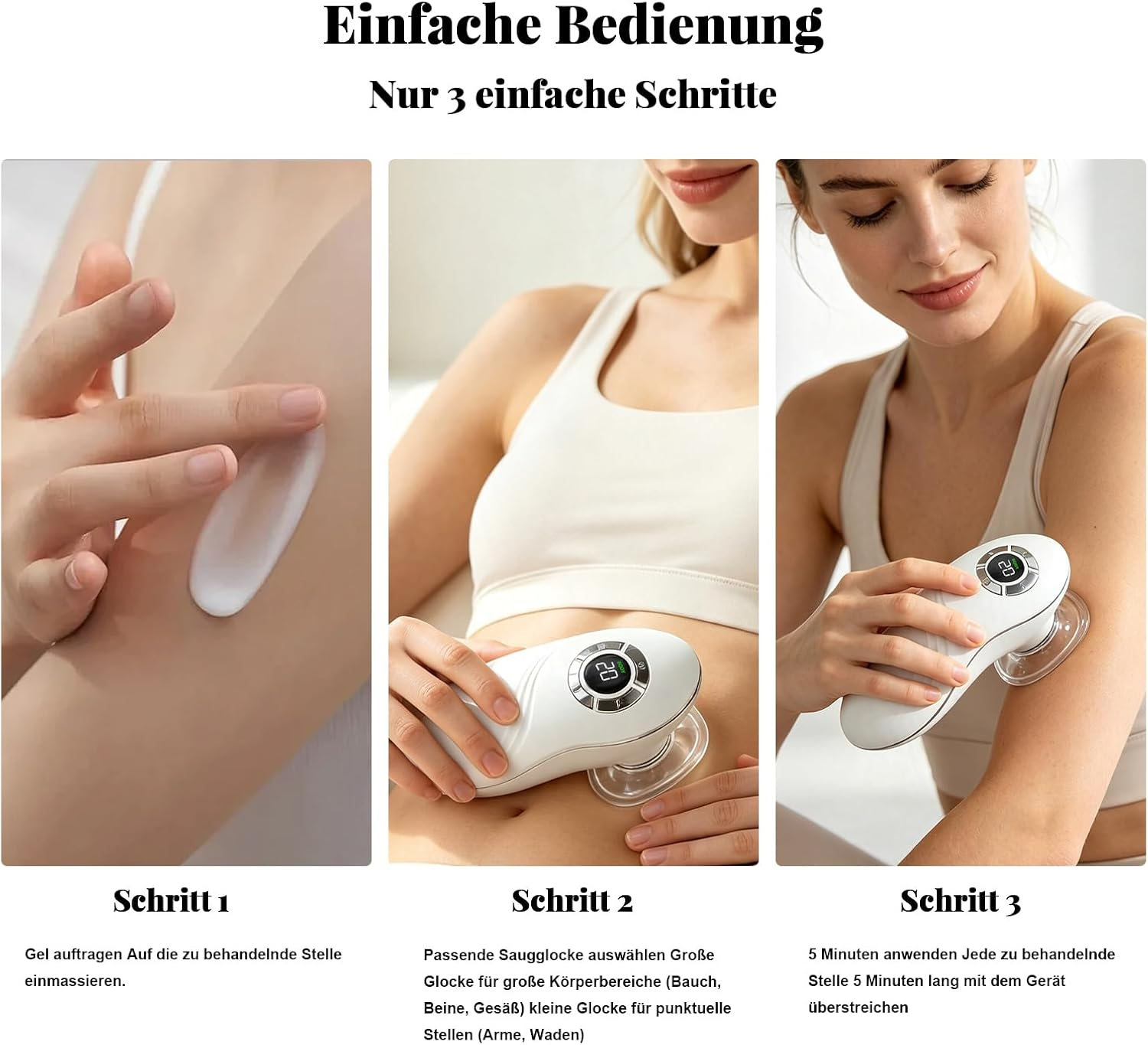 Drei Schritte zur Anwendung: 1. Gel auftragen. 2. Saugklappe wählen. 3. Fünf Minuten lang anwenden.