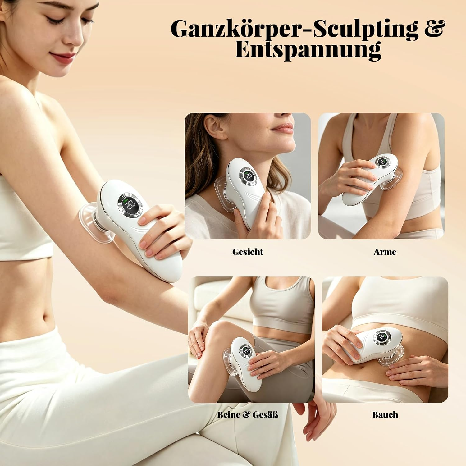 Eine Frau verwendet ein weißes Massagegerät am Arm, mit Insets für Gesicht, Arme, Beine und Bauch.