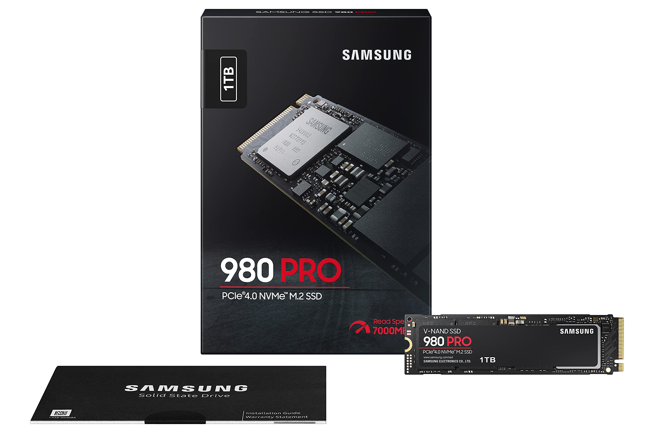SSD M.2 NVMe Samsung 980 Pro da 1TB con scatola e manuale su sfondo bianco.