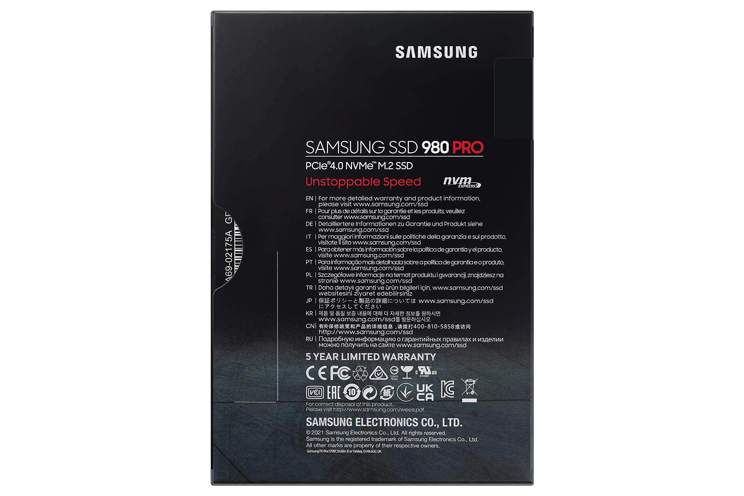 Il retro di una scatola Samsung SSD 980 PRO con testo e dettagli di garanzia.