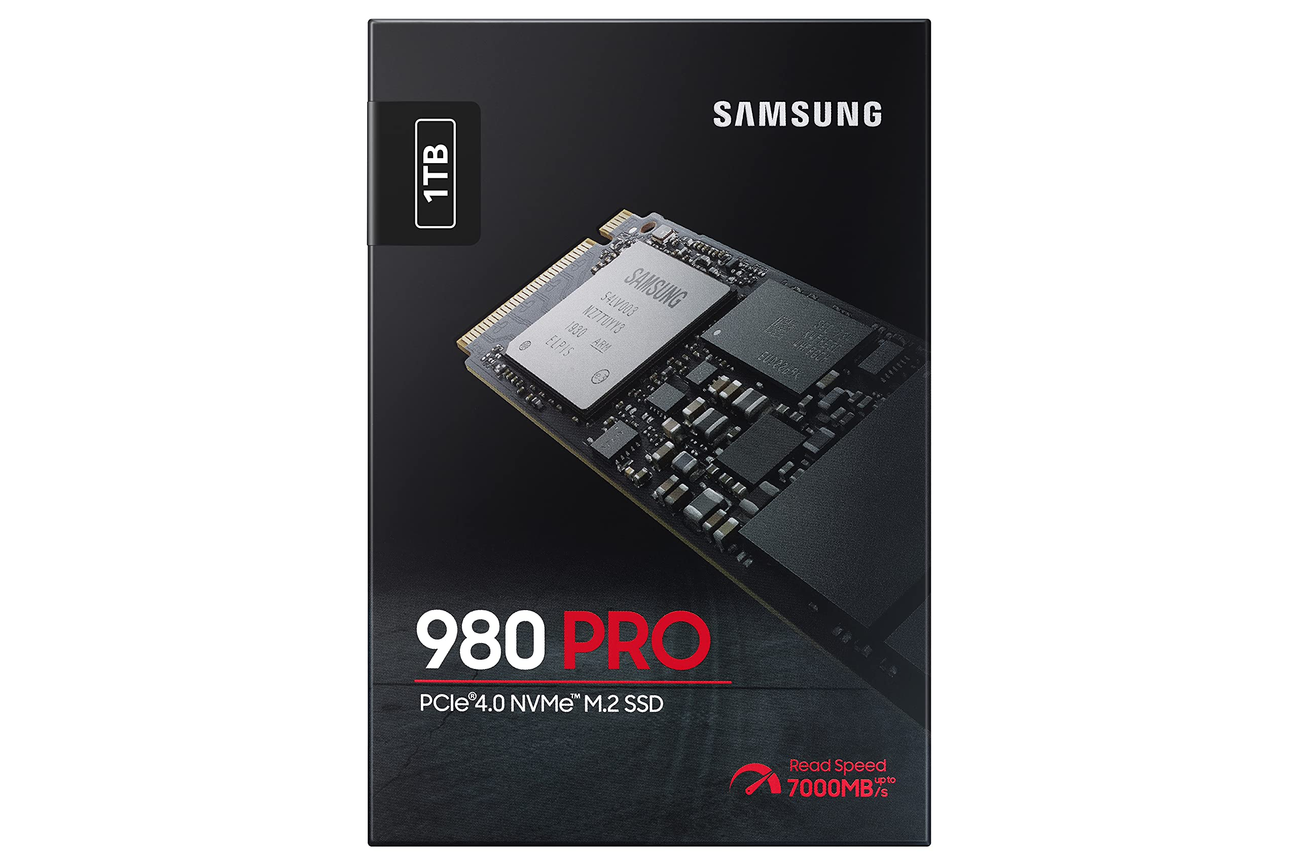 Scatola del prodotto SSD Samsung 980 PRO 1TB PCIe 4.0 NVMe M.2, che mostra l'unità e le specifiche chiave.