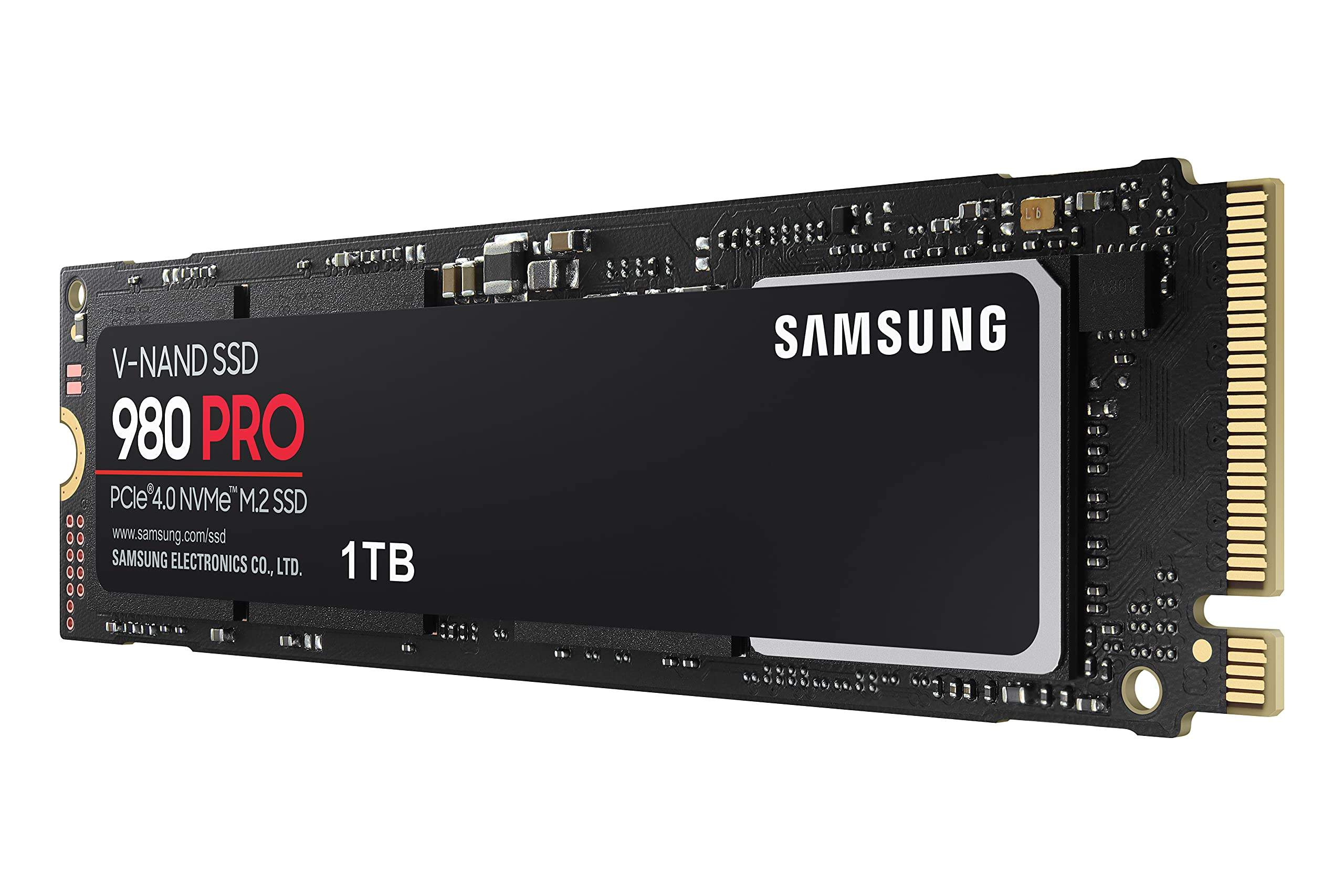 Un SSD M.2 NVMe Samsung 980 PRO 1TB nero su sfondo bianco.