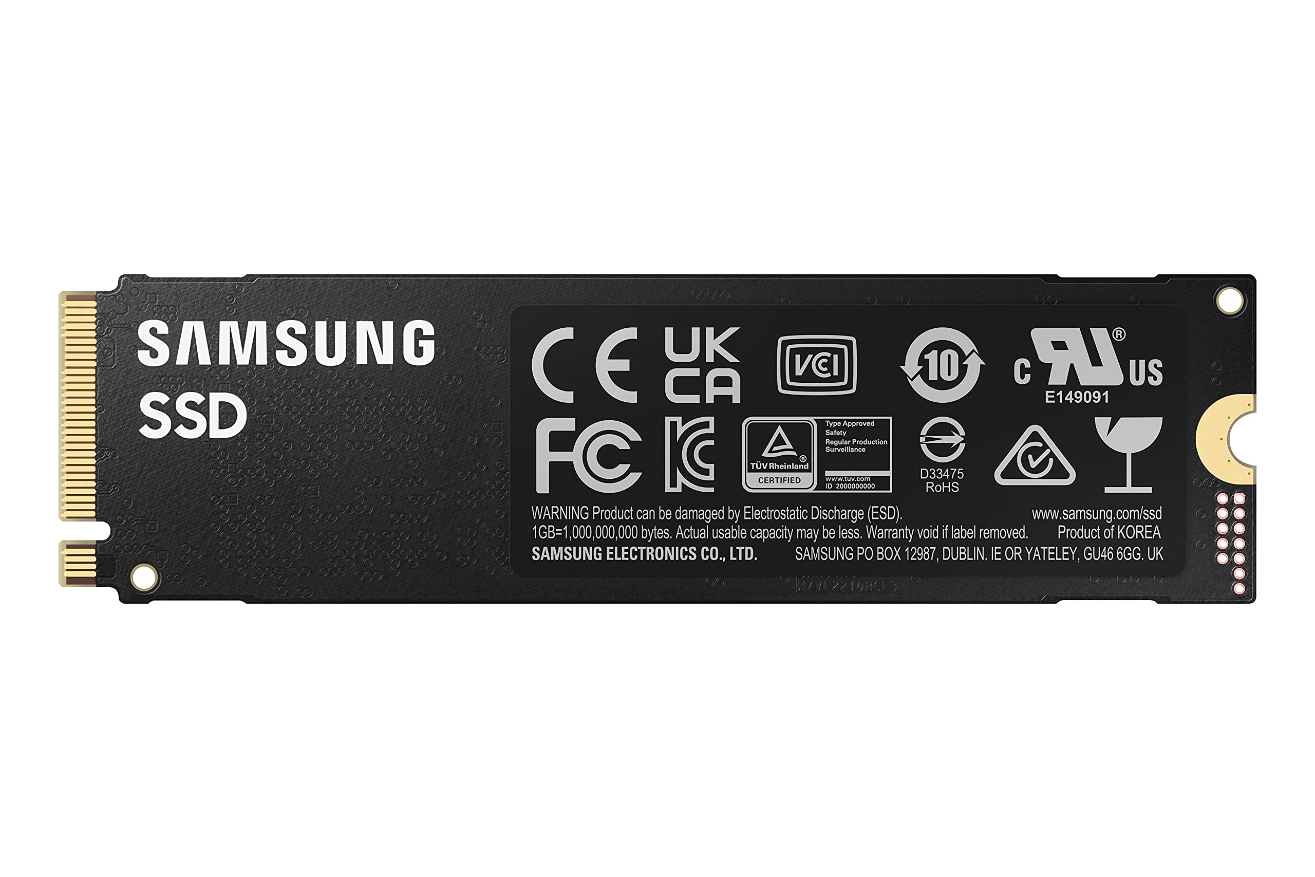 Una scheda di archiviazione SSD Samsung nera con testo argento e simboli normativi.