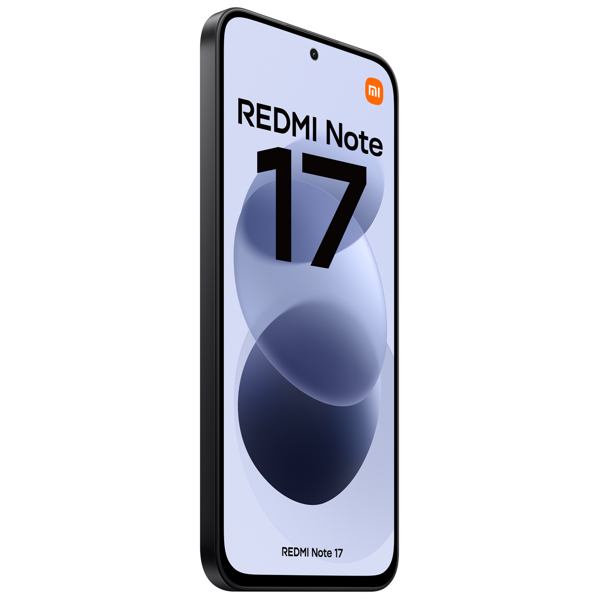 Ein schwarzes Redmi Note 17 Smartphone steht aufrecht vor einem schwarzen Hintergrund.