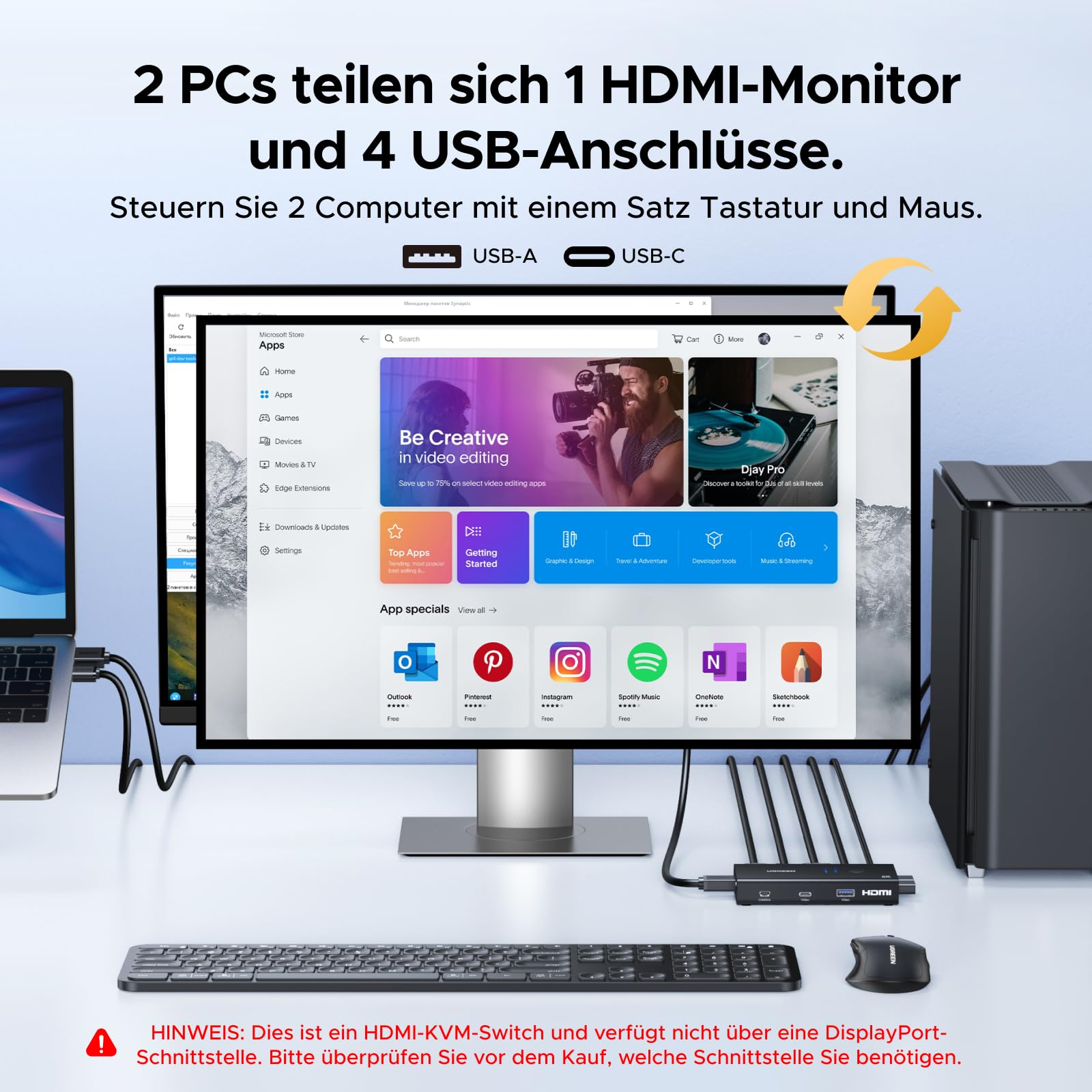 Uno switch HDMI KVM collega due computer a un monitor, una tastiera e un mouse.
