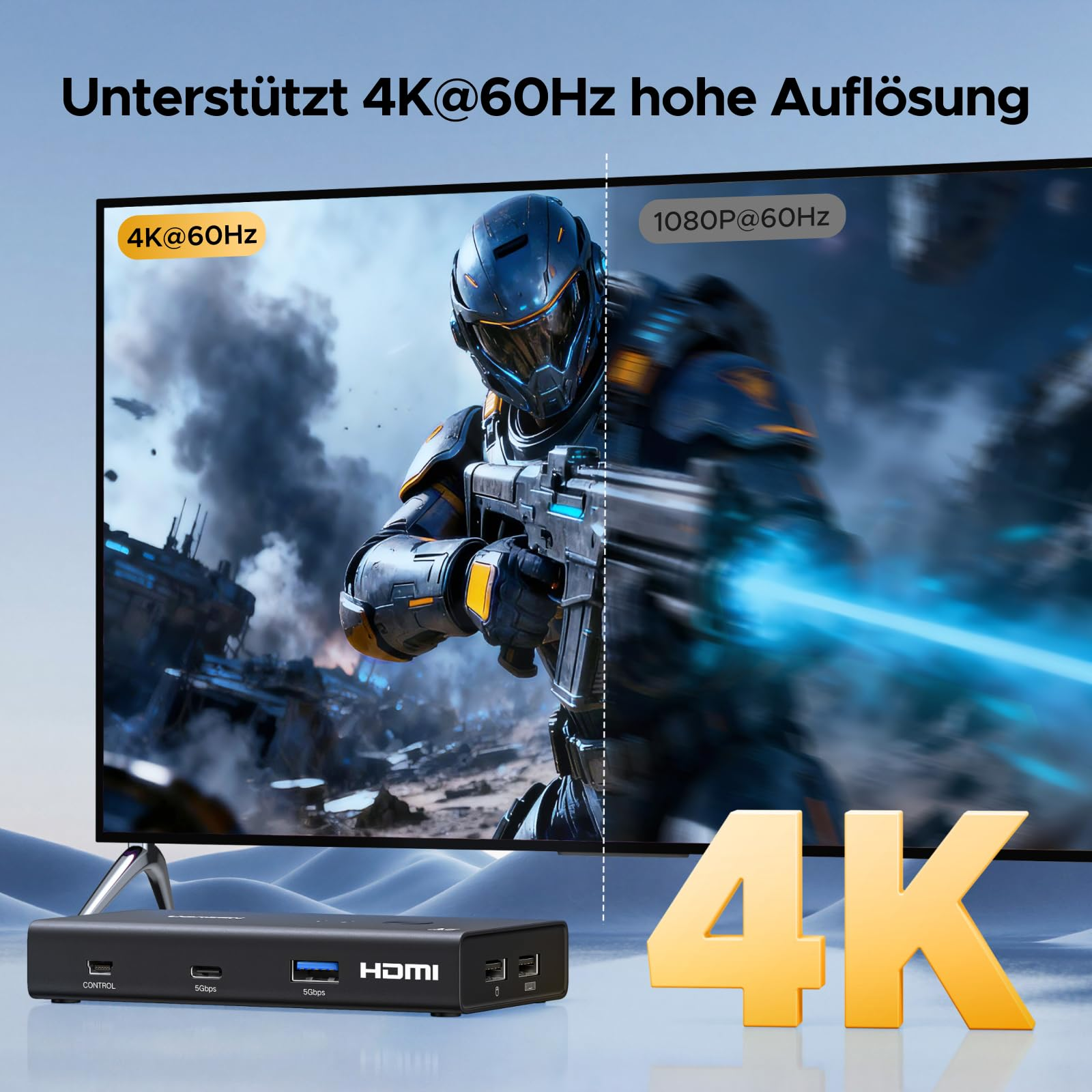 Confronto tra qualità d'immagine 4K@60Hz e 1080P@60Hz su schermo con adattatore HDMI.