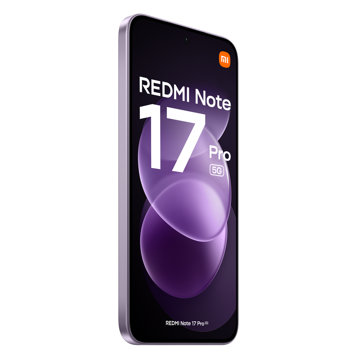 Xiaomi Redmi Note 17 Pro 5G Smartphone in Lila, mit dunklem Hintergrund und weißer Bildschirmschrift.