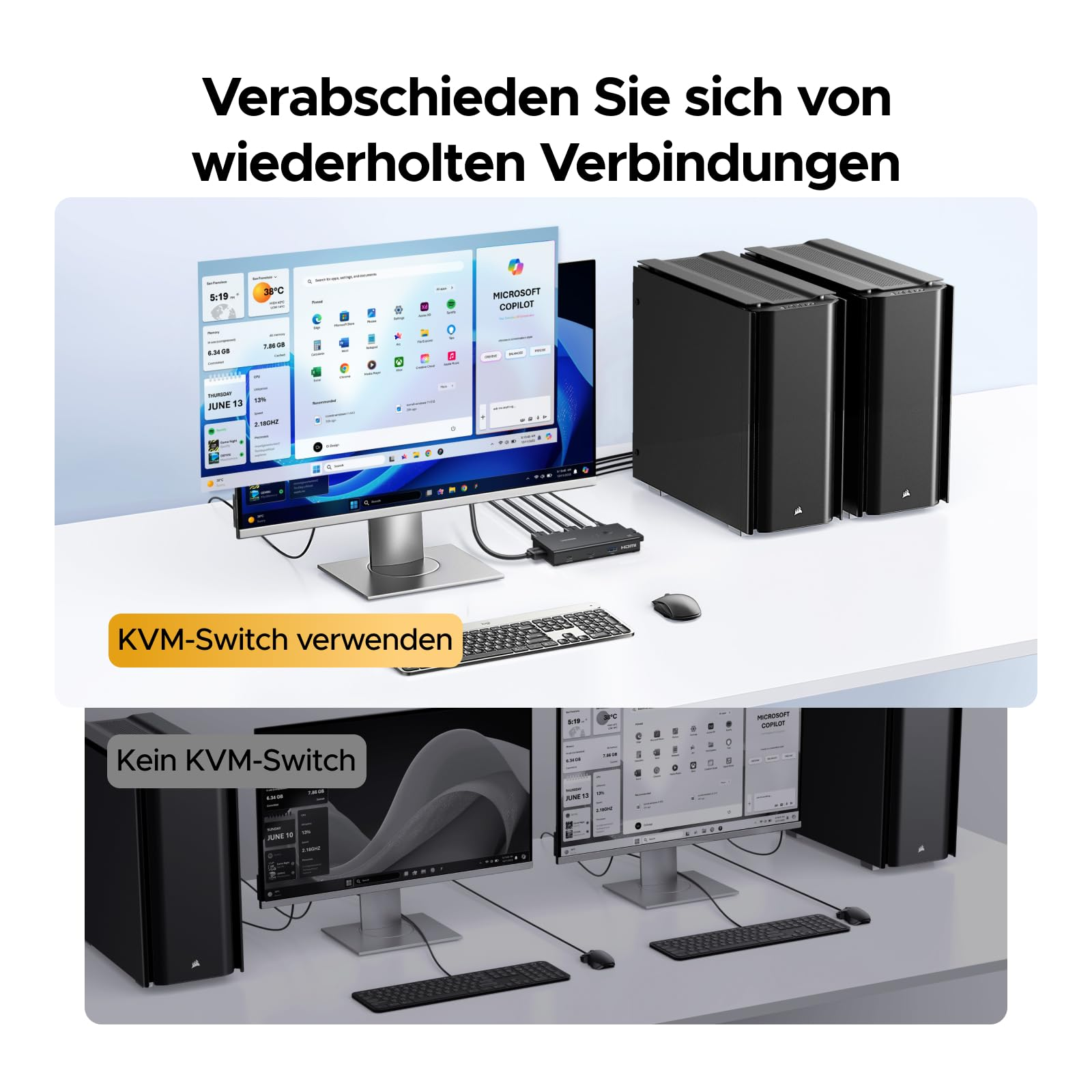 Confronto tra una configurazione con switch KVM e una senza switch KVM con due PC e un monitor.