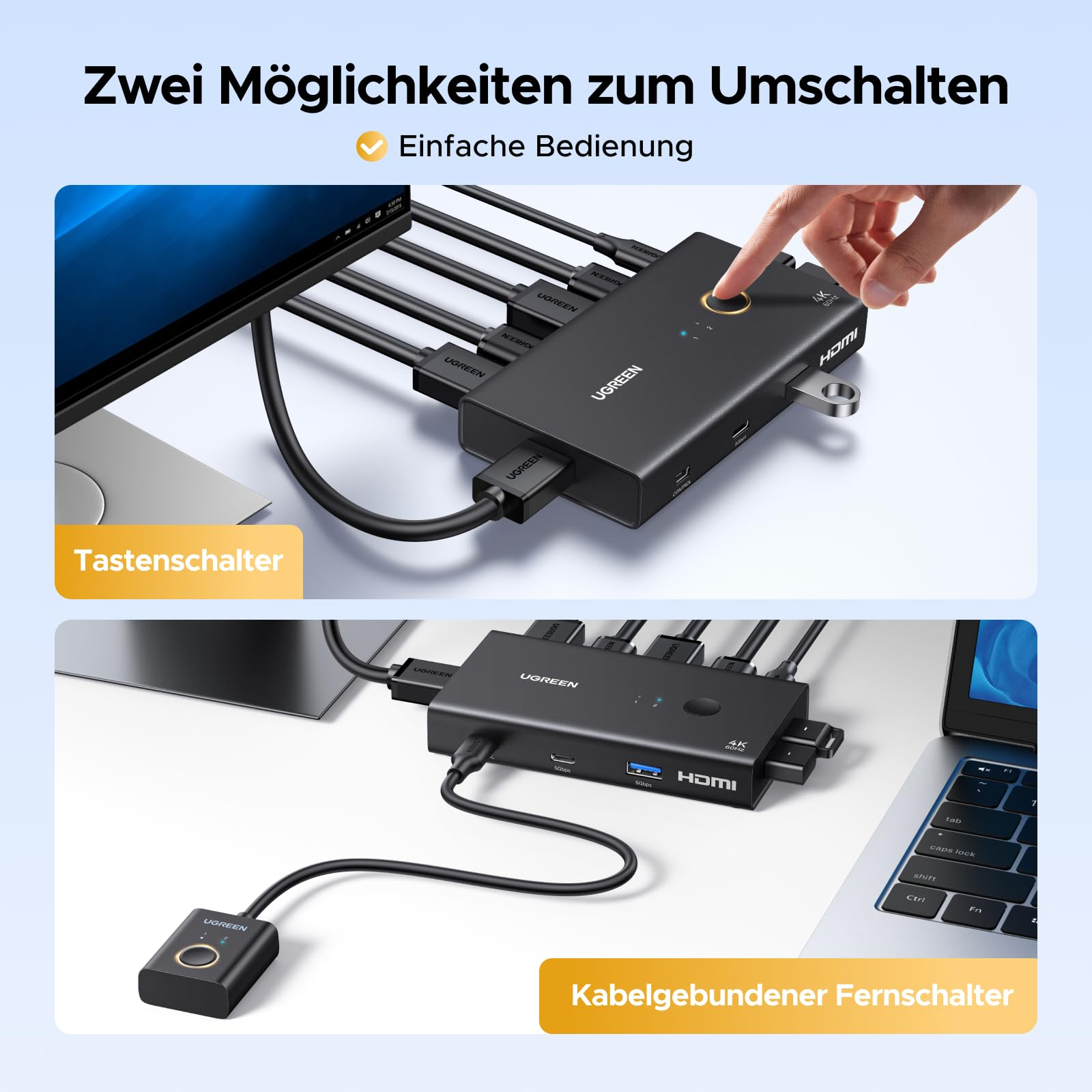 Due opzioni di switch HDMI UGREEN: pressione diretta e telecomando cablato.