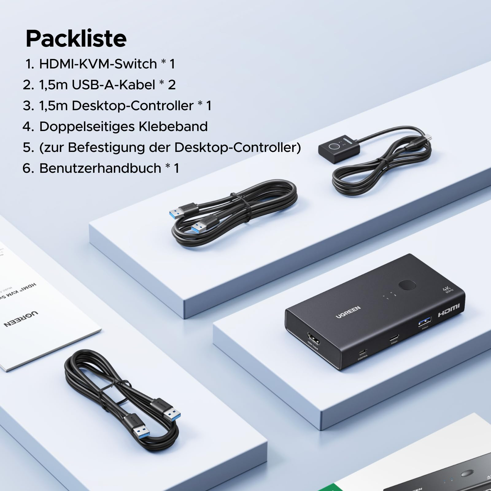 Elenco contenuto con switch HDMI KVM, cavi USB, controller desktop, nastro e manuale su sfondo azzurro.