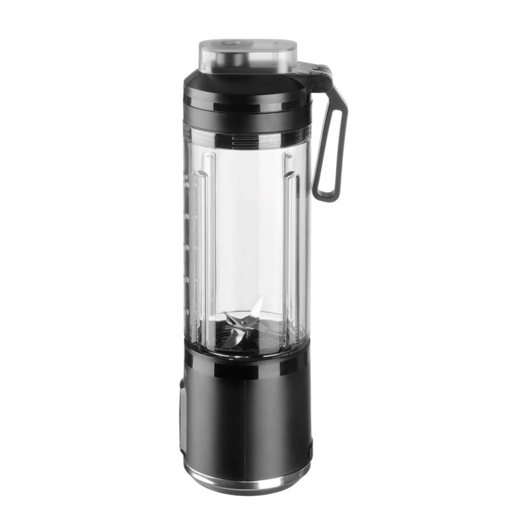 Przenośny czarny blender z przezroczystym pojemnikiem i metalowymi ostrzami na dole.