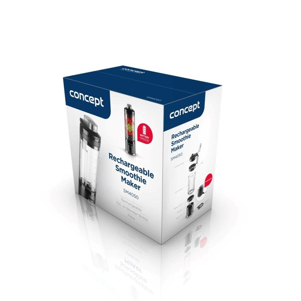 Opudełko blendera Concept Rechargeable Smoothie Maker SM4050 z grafikami i napisem na białym tle.