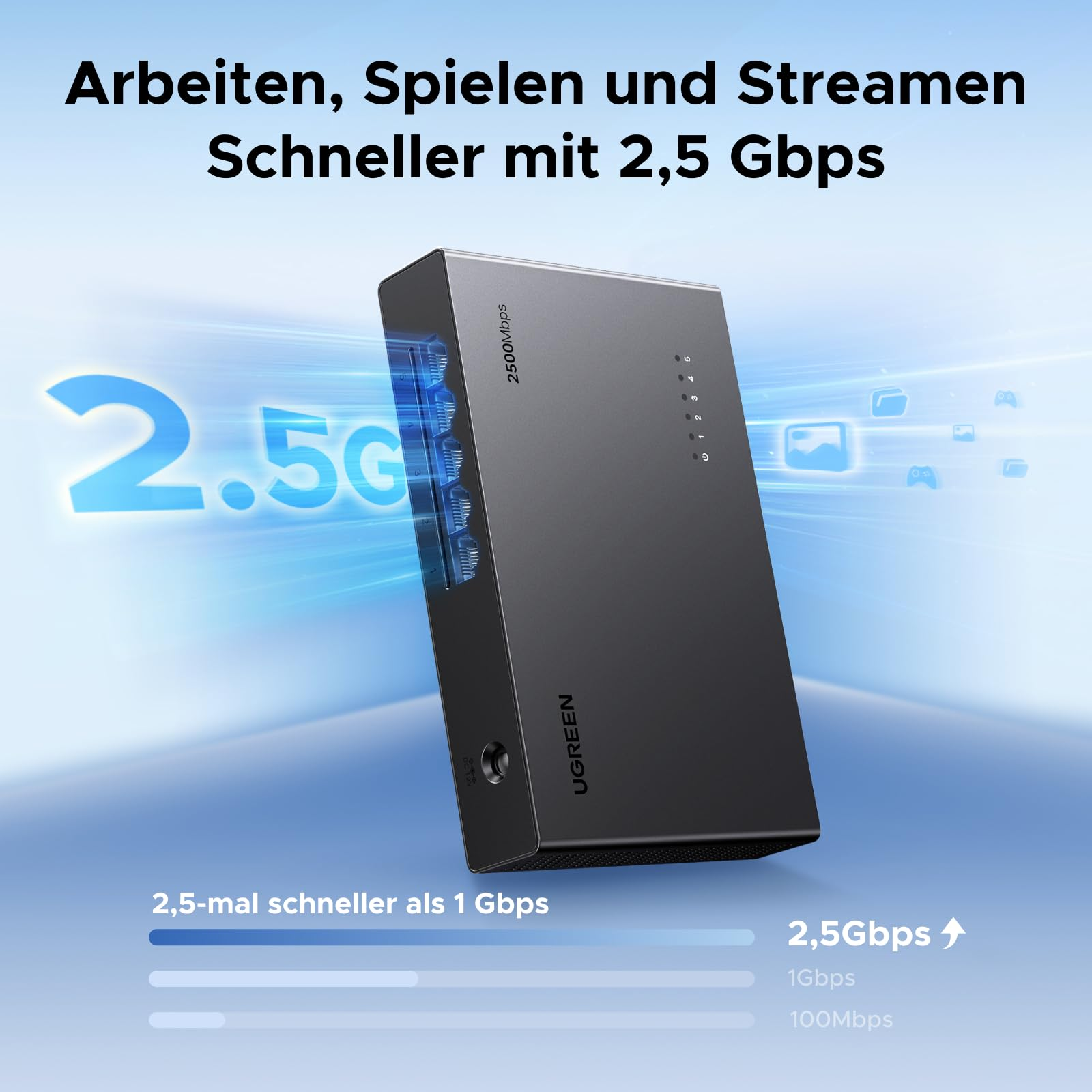 Switch di rete UGREEN grigio da 2,5 Gbps con porte ed effetti blu su sfondo luminoso.