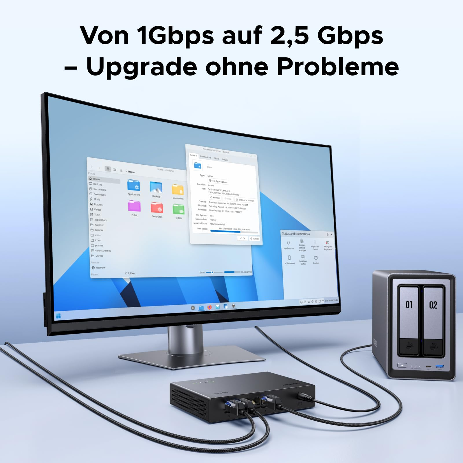 Un monitor curvo mostra un sistema operativo accanto a un dispositivo NAS e a uno switch di rete su una scrivania.