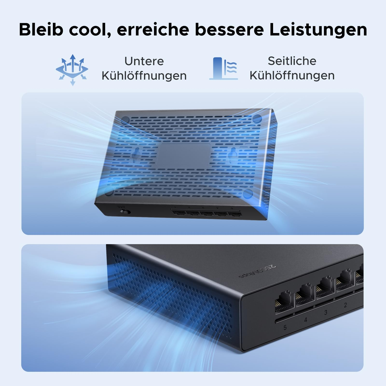 Un router nero con aperture di ventilazione e linee di flusso d'aria blu.
