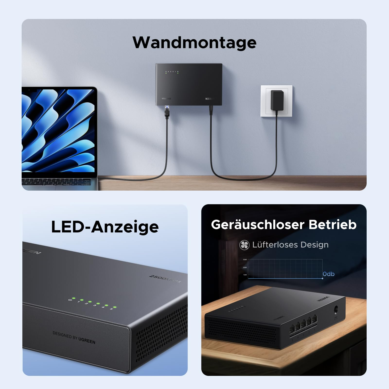 Switch di rete nero con montaggio a parete, indicatore LED e funzionamento silenzioso su una scrivania.