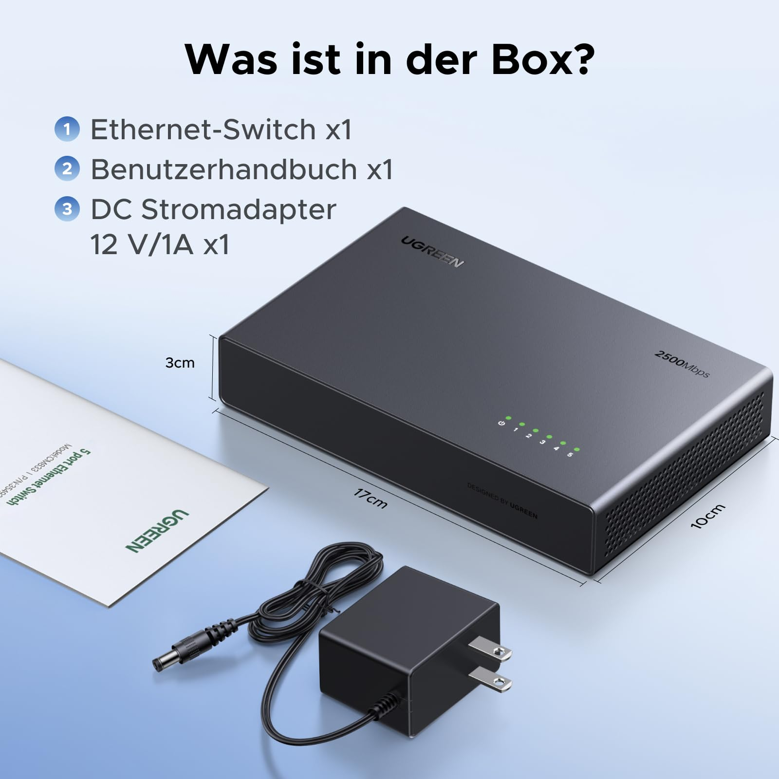 Contenuto della confezione: switch Ethernet, manuale e alimentatore DC con dimensioni.