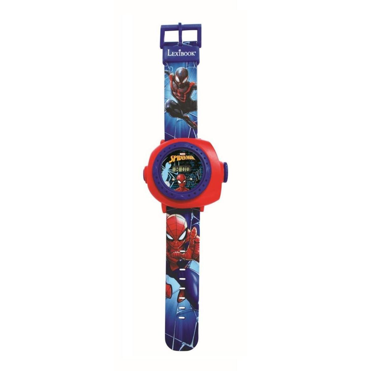 Reloj digital azul y rojo de Spider-Man con correa estampada y caja redonda sobre fondo blanco.