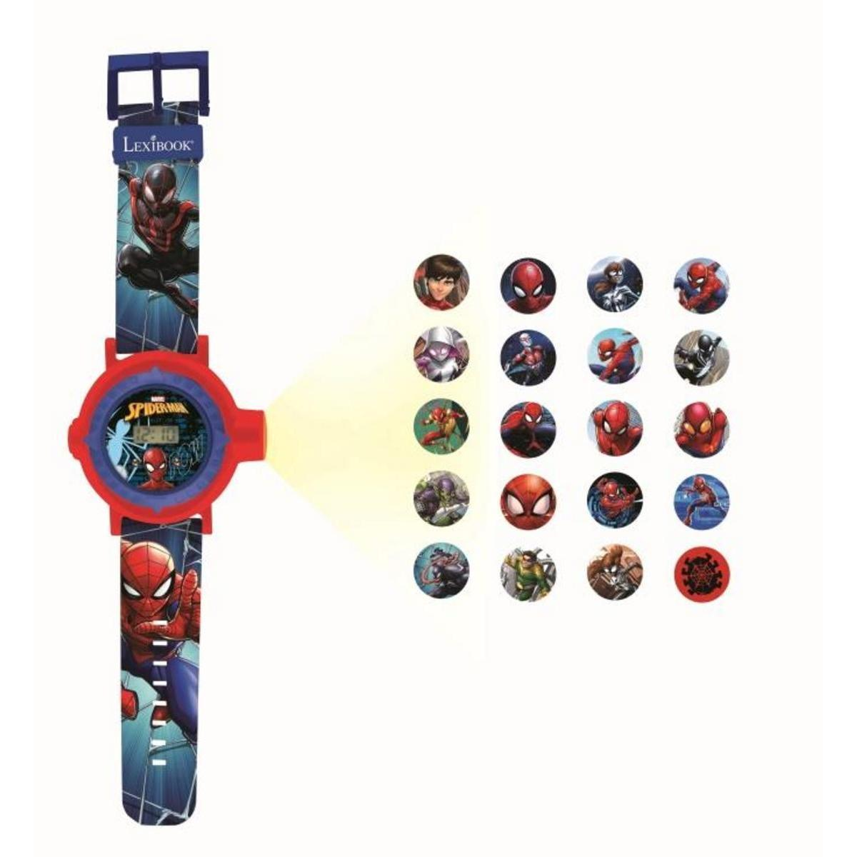 Reloj proyector de Spider-Man con correa azul y roja, proyectando 20 imágenes.