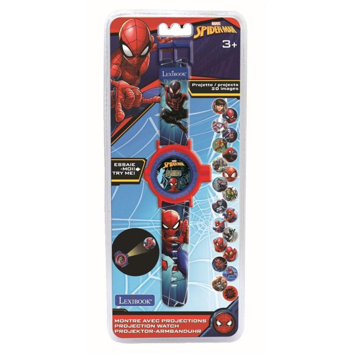 Reloj de proyección de Spider-Man en su envase original con correa azul y detalles rojos.
