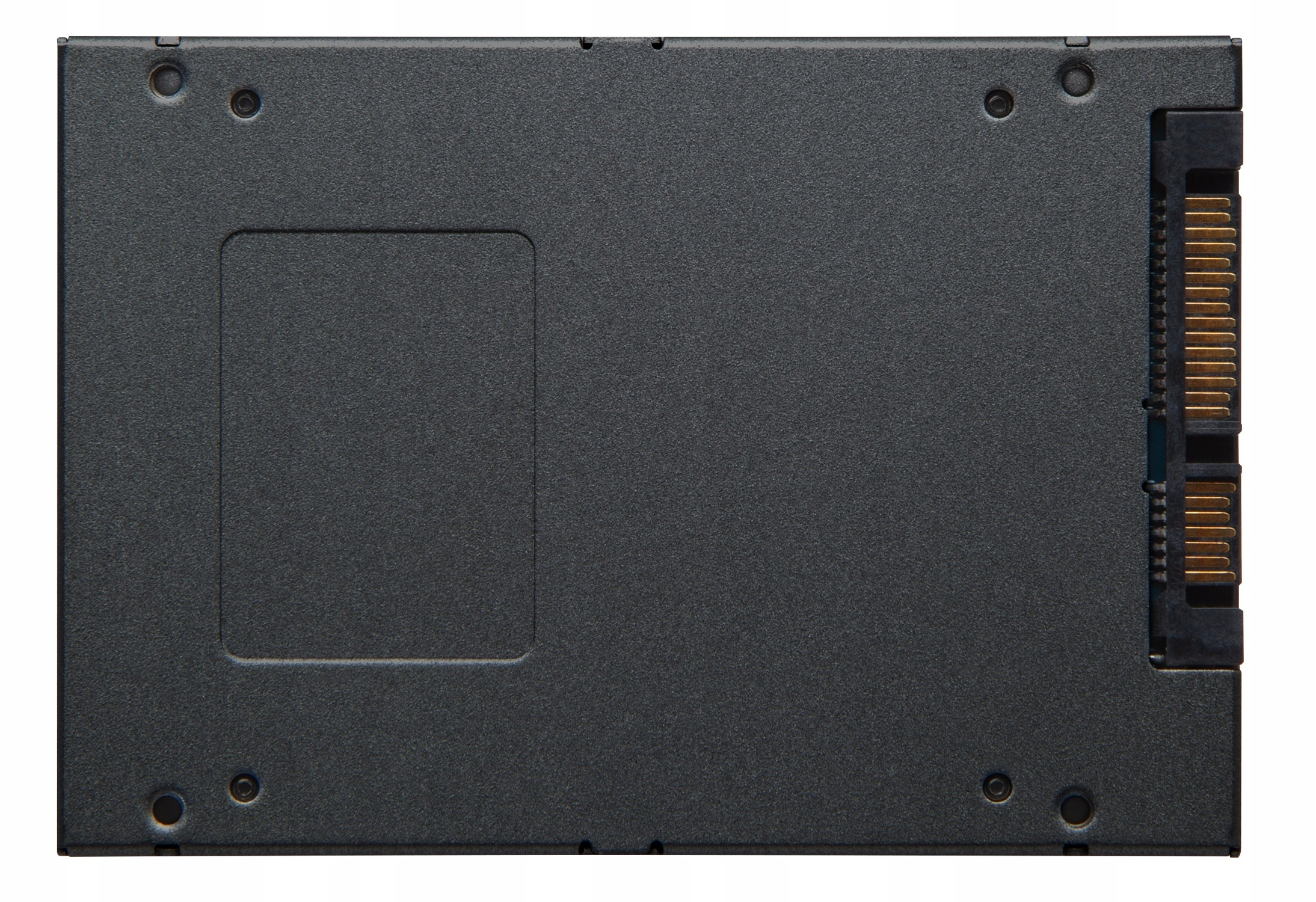 Eine schwarze 2,5-Zoll-SSD mit SATA-Anschluss rechts, von unten gesehen.