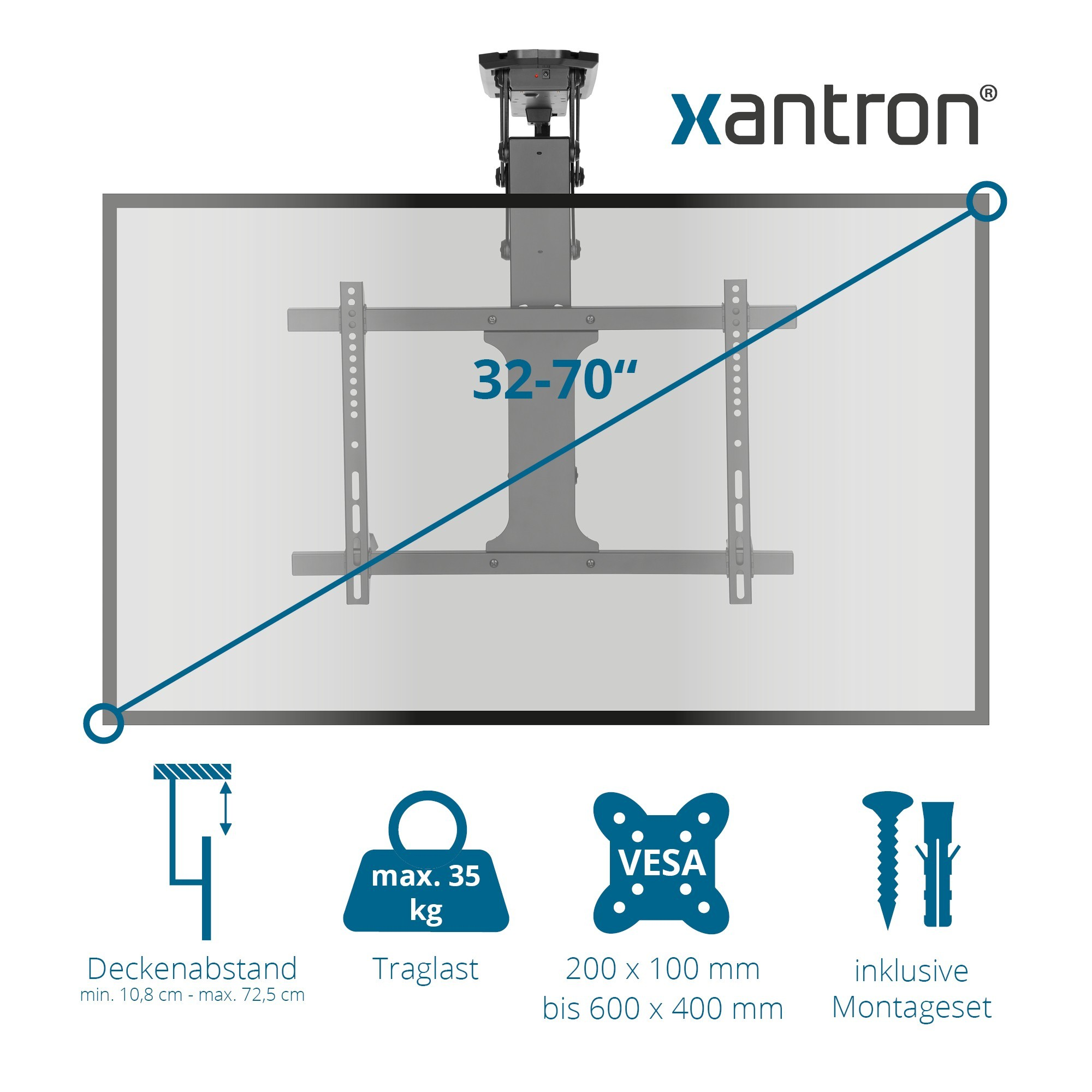 Xantron motorisierte Decken-TV-Halterung für 32-70 Zoll bis 35 kg mit Montageset.