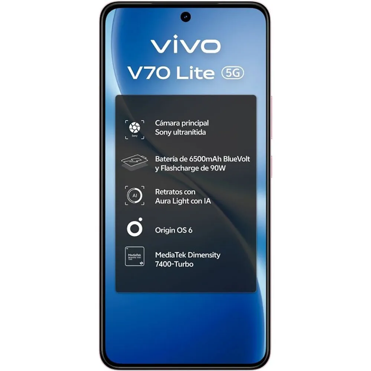 Vorderansicht des vivo V70 Lite 5G Smartphones mit Spezifikationen auf dem Bildschirm.