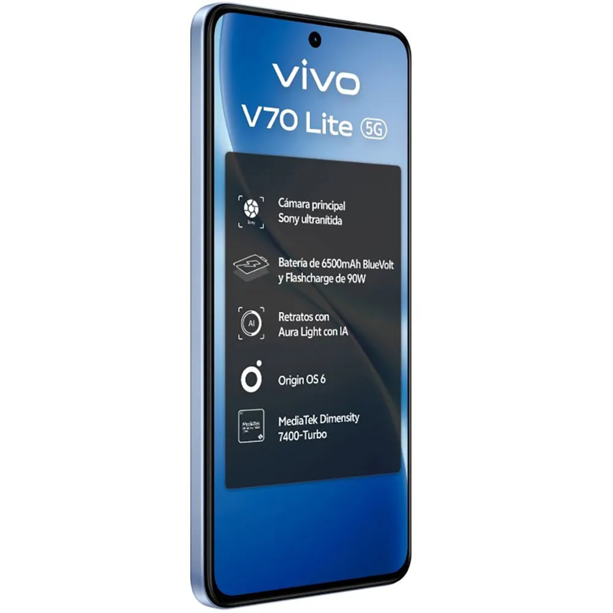 Vivo V70 Lite 5G Smartphone zeigt wichtige technische Daten auf dem Bildschirm.