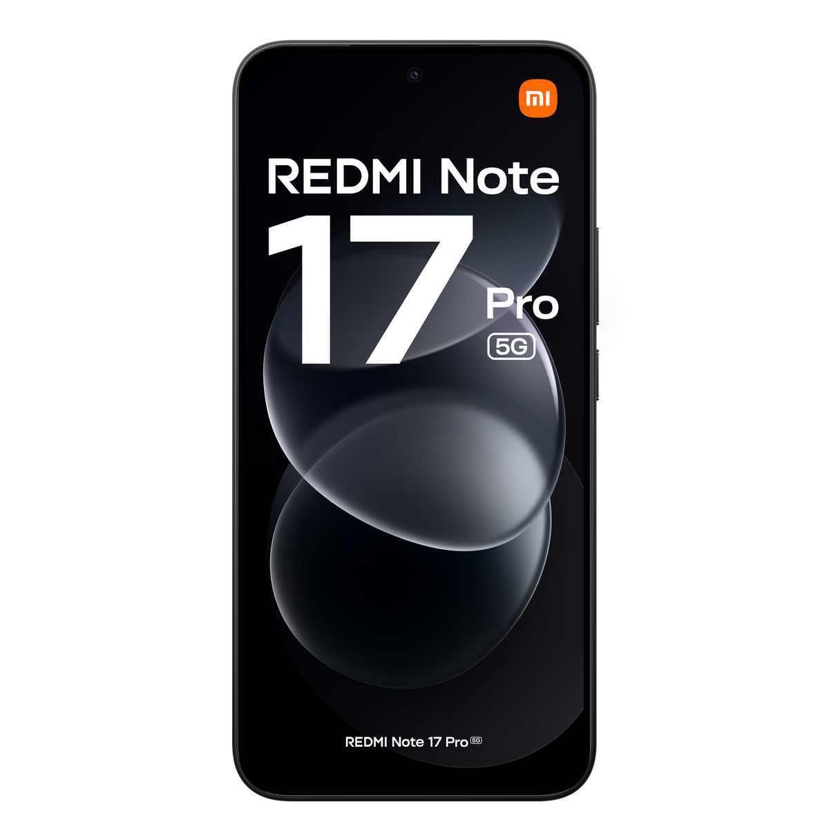 Uno smartphone nero Redmi Note 17 Pro 5G con testo bianco e il logo arancione Mi sullo schermo.