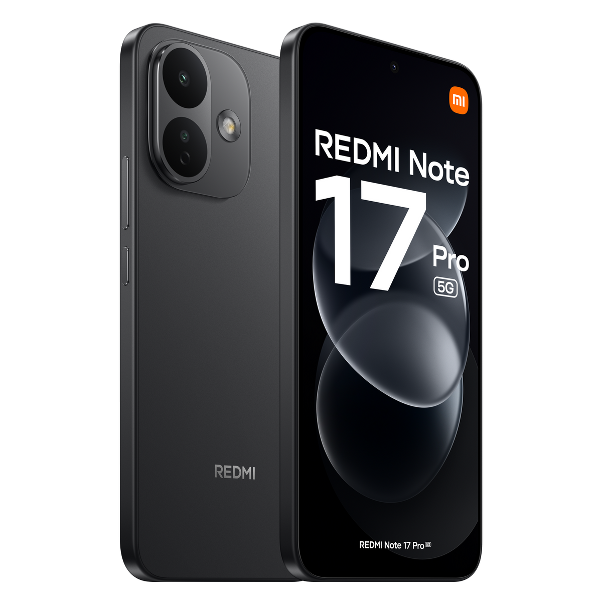 Smartphone nero Redmi Note 17 Pro 5G, mostra la parte anteriore e posteriore con doppia fotocamera.