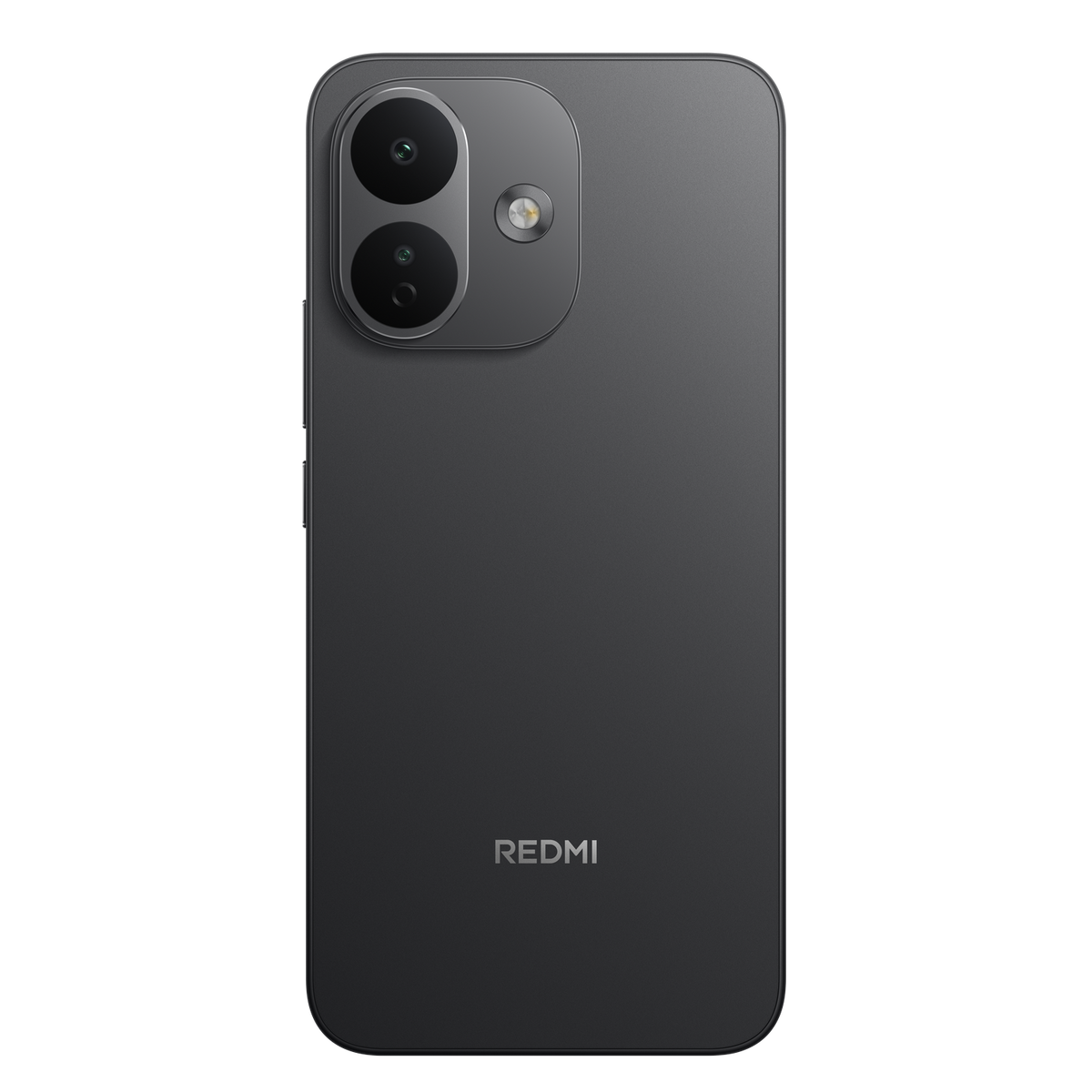 Retro di uno smartphone Redmi grigio scuro con modulo a doppia fotocamera e flash su sfondo nero.
