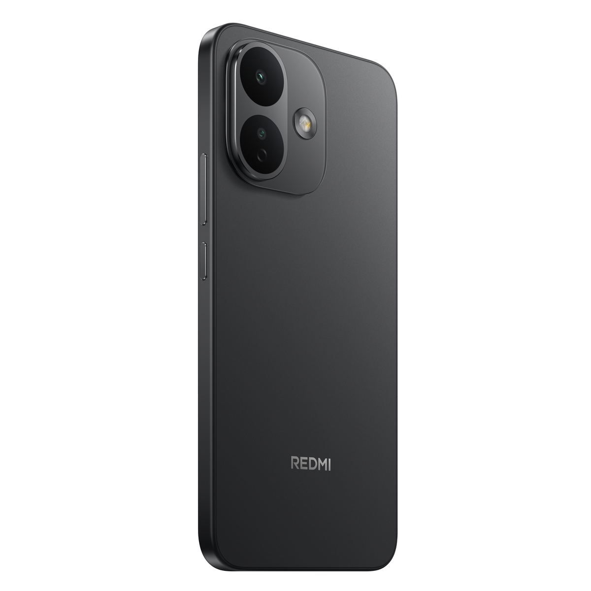 Uno smartphone Redmi nero con modulo a doppia fotocamera sul retro, su sfondo nero.