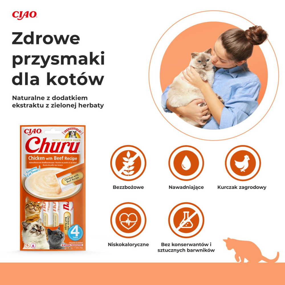 Reklama przysmaków dla kotów Ciao Churu z kotem, opakowaniem i ikonami cech.