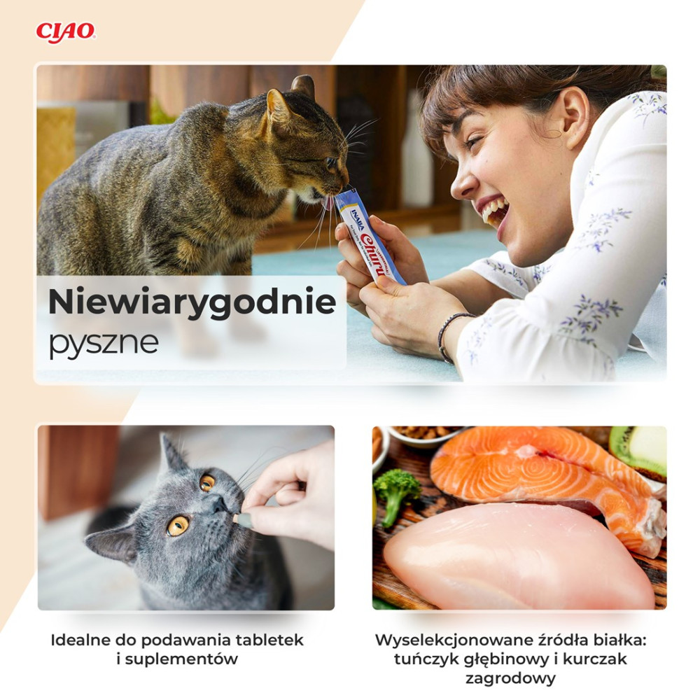 Kobieta karmi kota pastą; inne panele przedstawiają kota jedzącego tabletkę oraz surowe mięso i rybę.