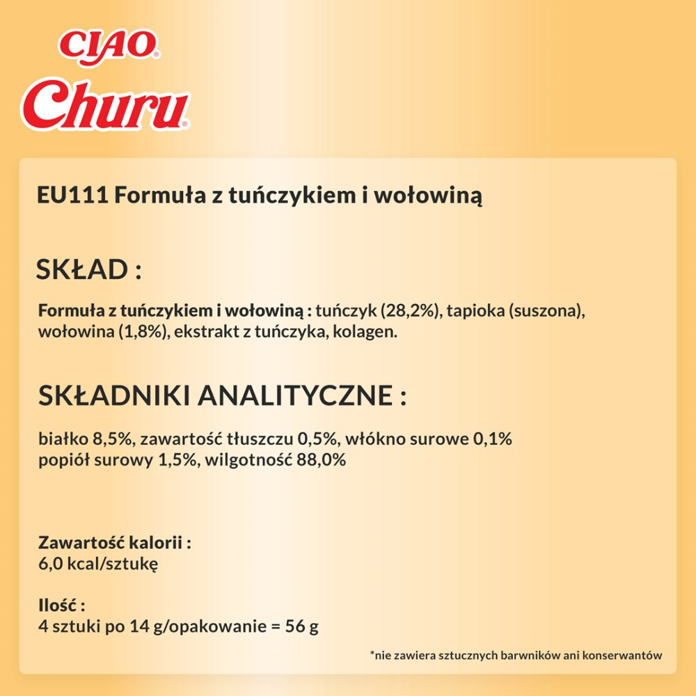 Etykieta składników karm dla kotów Ciao Churu po polsku, z formułą tuńczyka i wołowiny na żółtym tle.