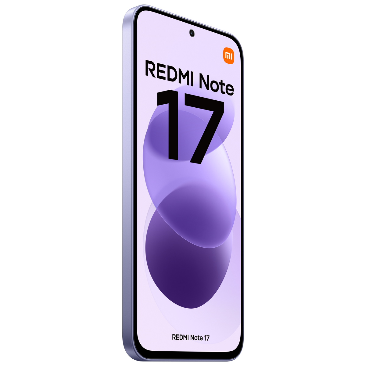 Uno smartphone viola Redmi Note 17 su sfondo nero con design dello schermo viola astratto.
